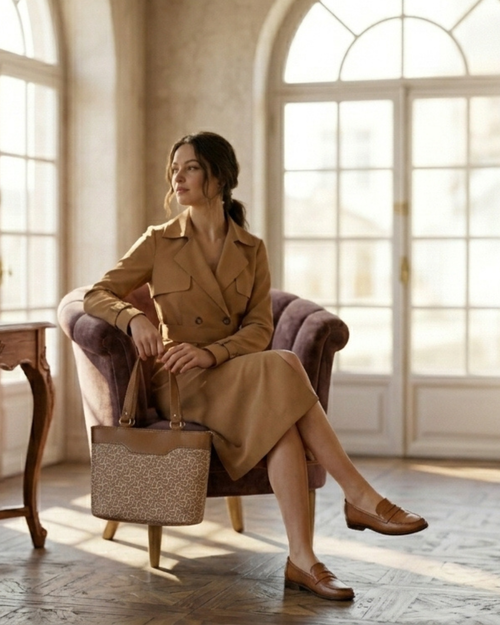 Woman in a beige trench coat sitting in a sunlit room holding a textured handbag.