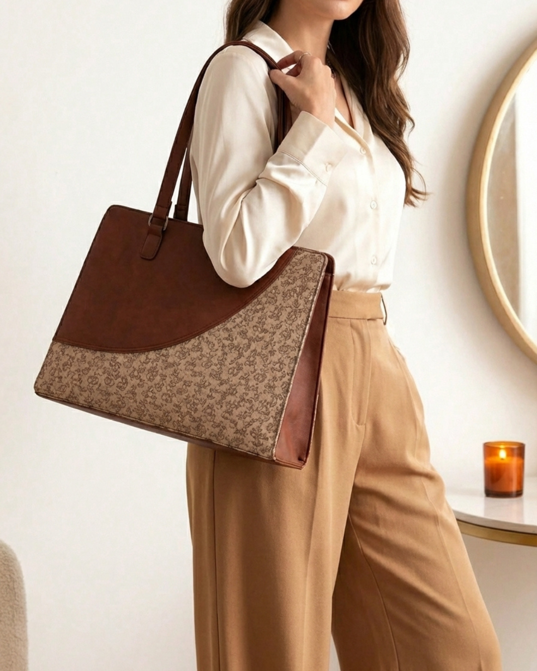Person holding a brown and beige handbag in a neutral setting