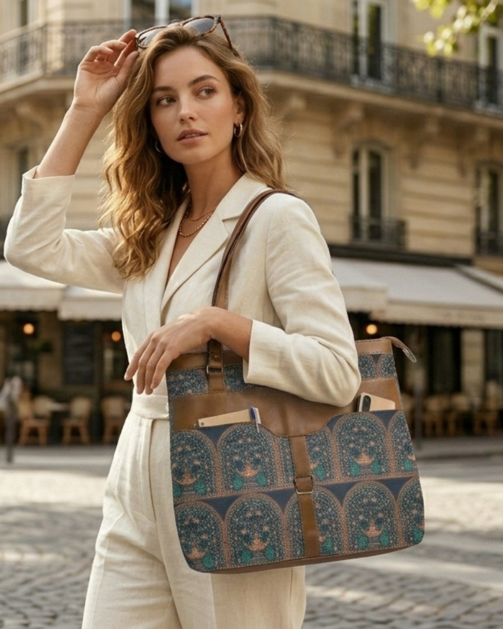Woman holding a patterned handbag in an urban setting