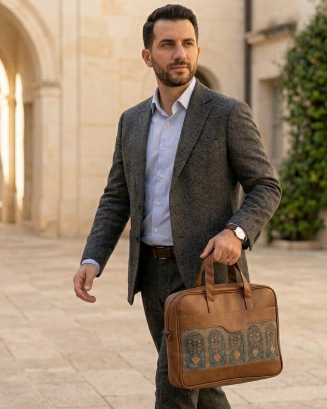Man in a suit holding a brown leather briefcase with intricate patterns outdoors.
