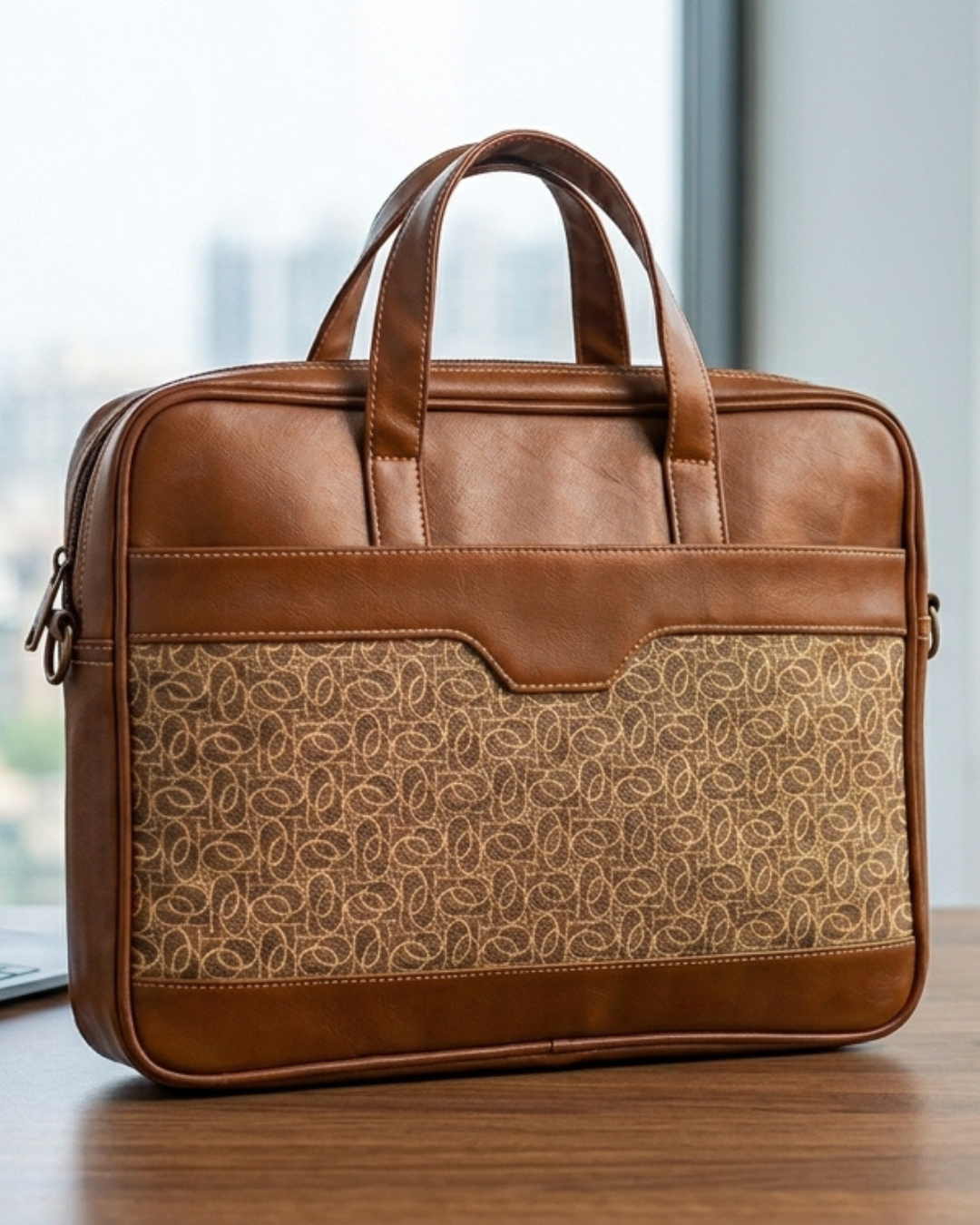 Beige Abstract Loop Women's Laptop Bag with Faux Leather Handles