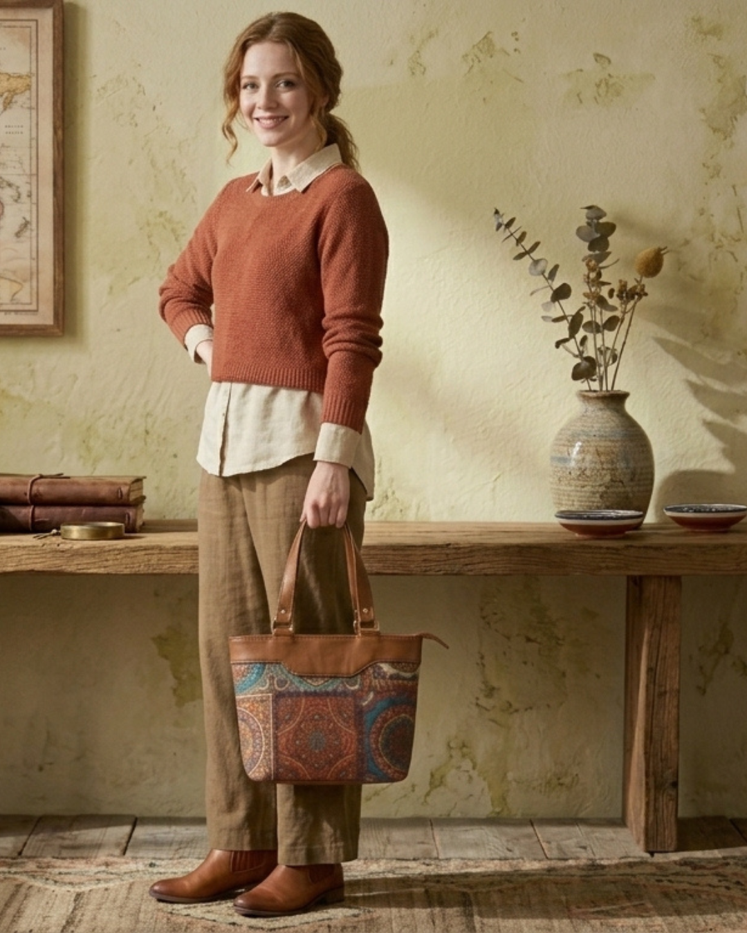 Woman holding a patterned bag in a rustic interior setting