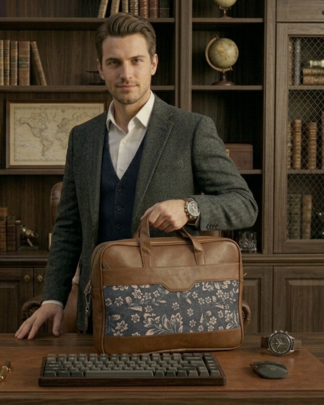Man holding a brown leather briefcase with floral pattern in an office setting