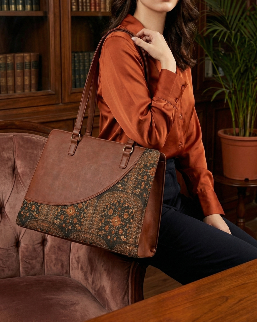 Person holding a brown leather bag with intricate patterns in a cozy room.