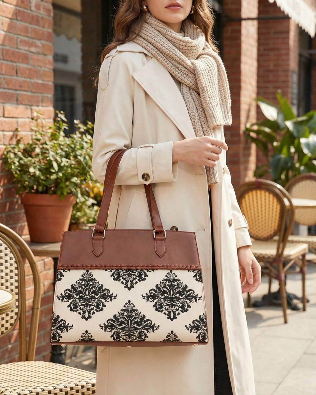 Woman in a beige coat and scarf holding a brown and white patterned handbag outdoors.