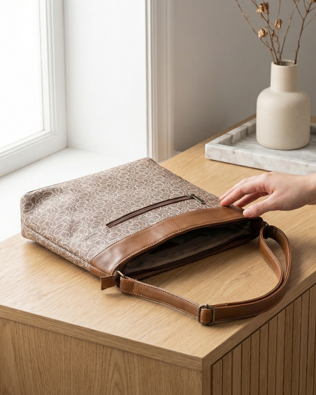 Handbag with brown leather strap on a wooden surface near a window