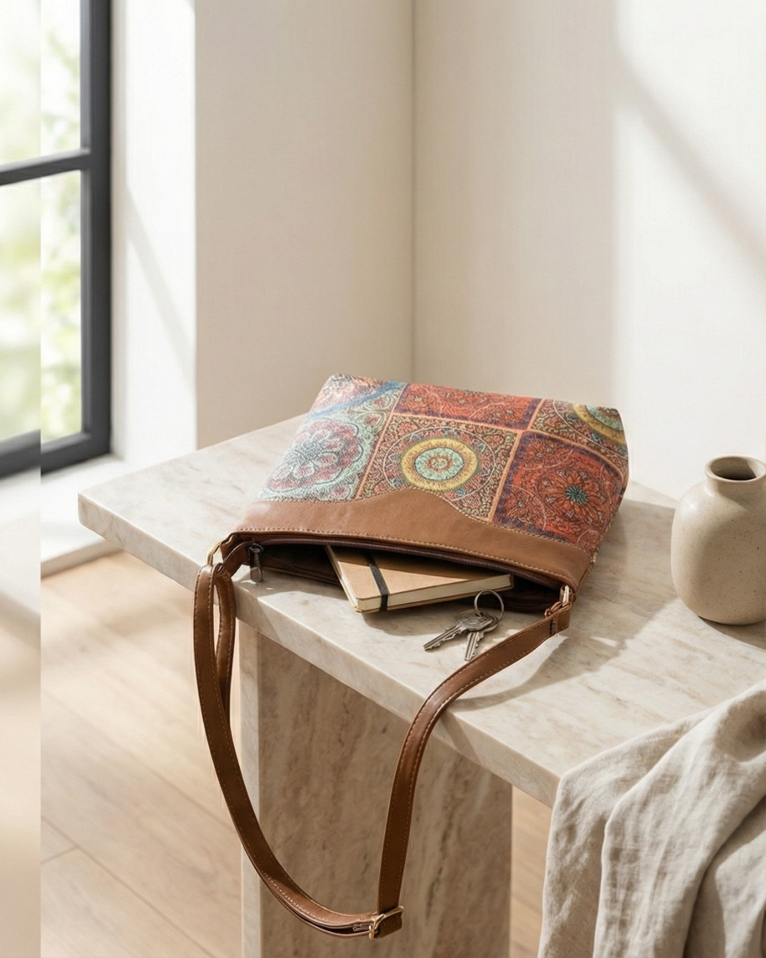 Colorful patterned bag on a wooden surface with a neutral background