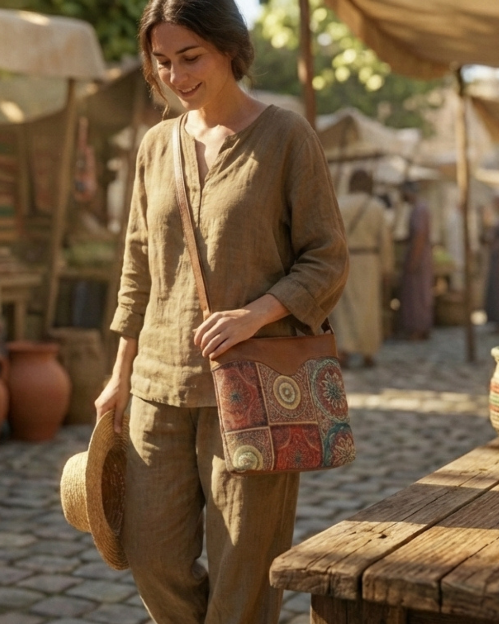 Woman in rustic setting holding a patterned bag