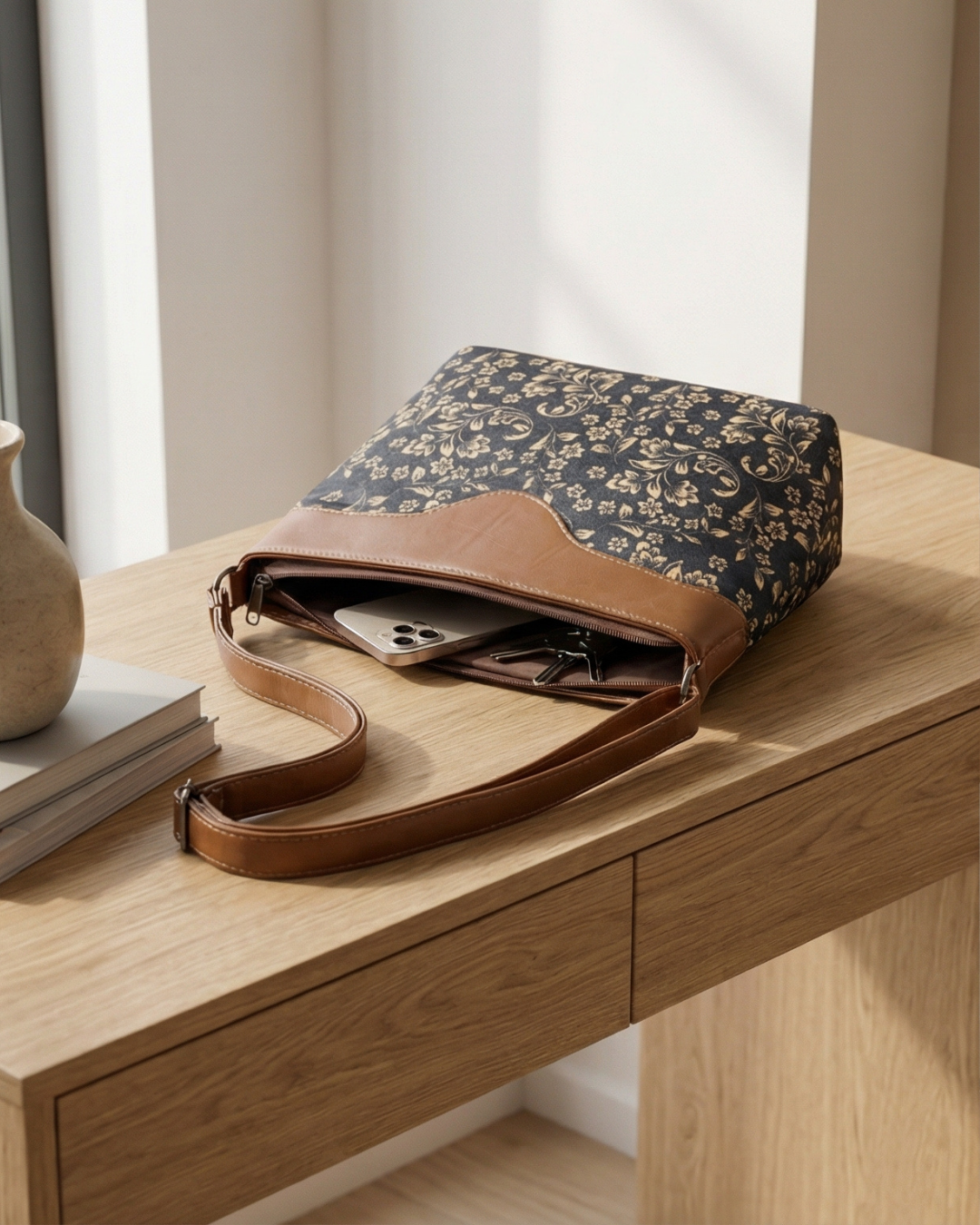 Floral-patterned bag with brown strap on a wooden surface