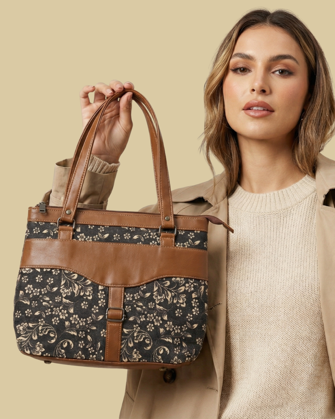 Woman holding a floral-patterned handbag with brown leather straps against a beige background