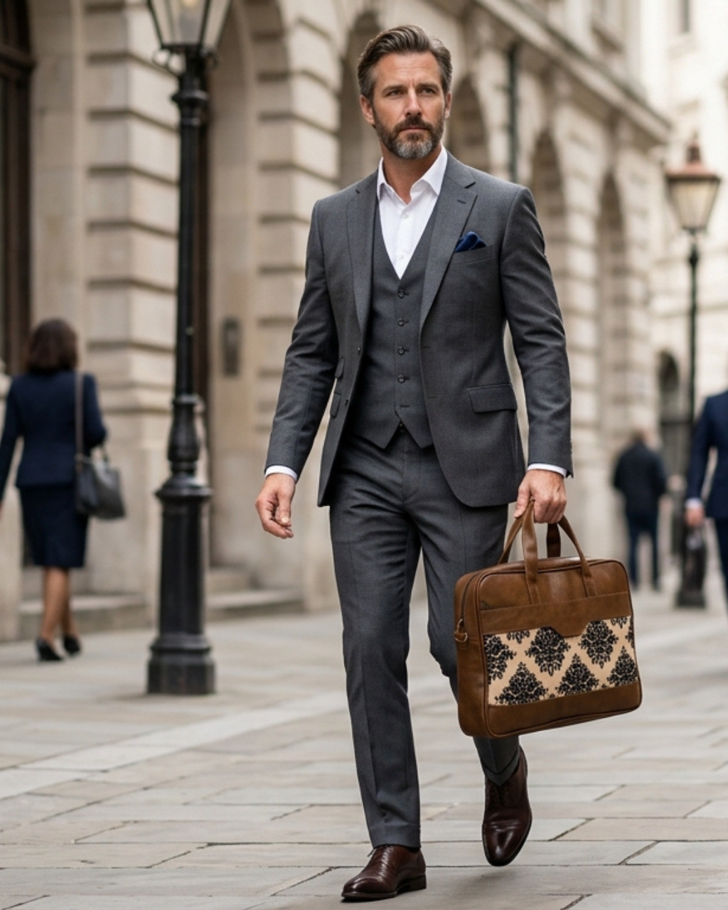 Man in a gray suit walking down a city street holding a brown leather briefcase.