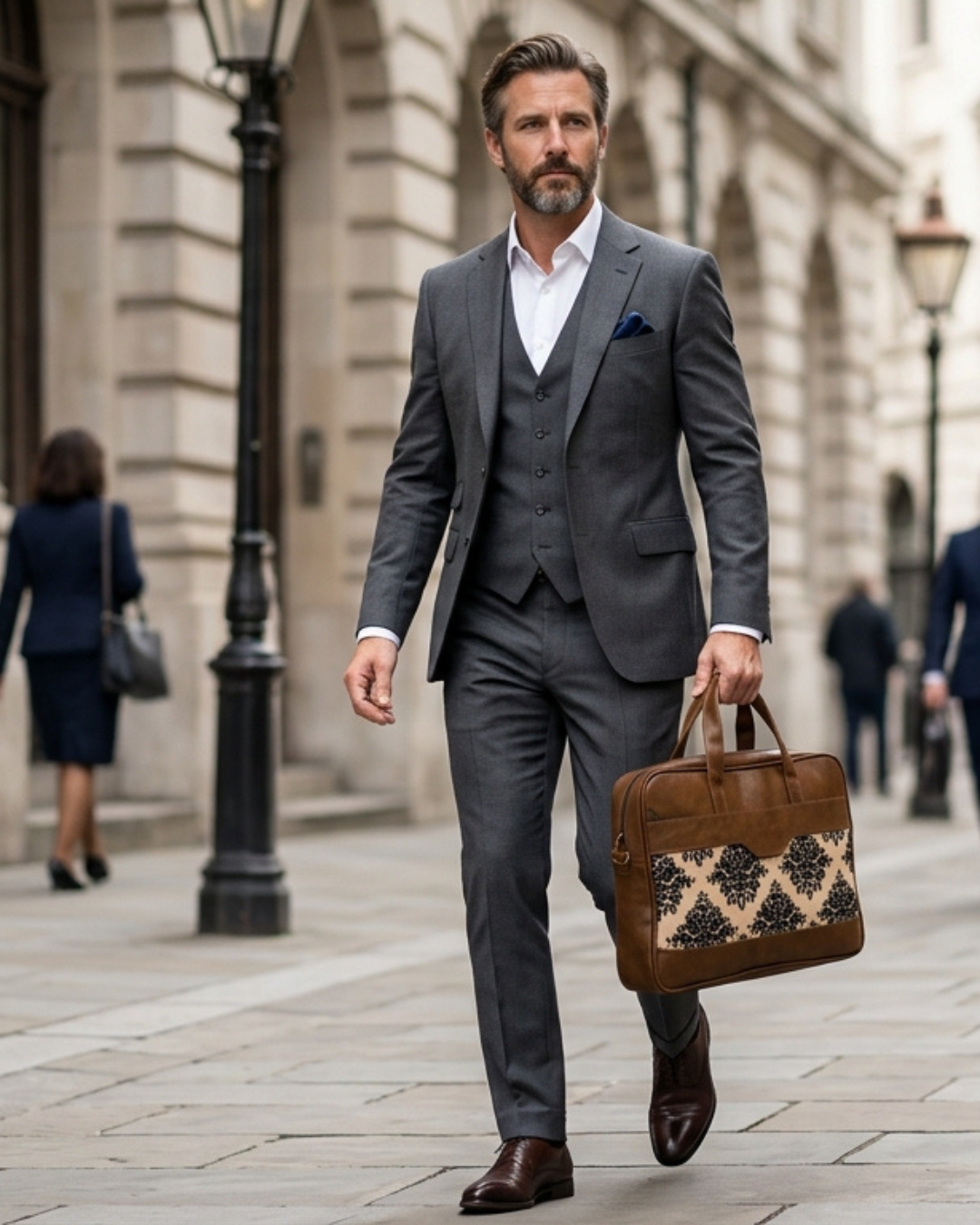 Man in a gray suit walking down a city street holding a brown leather briefcase.