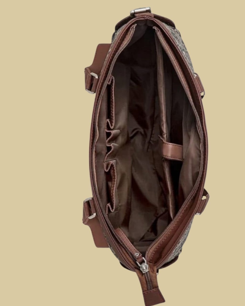 Brown leather bag with a beige background