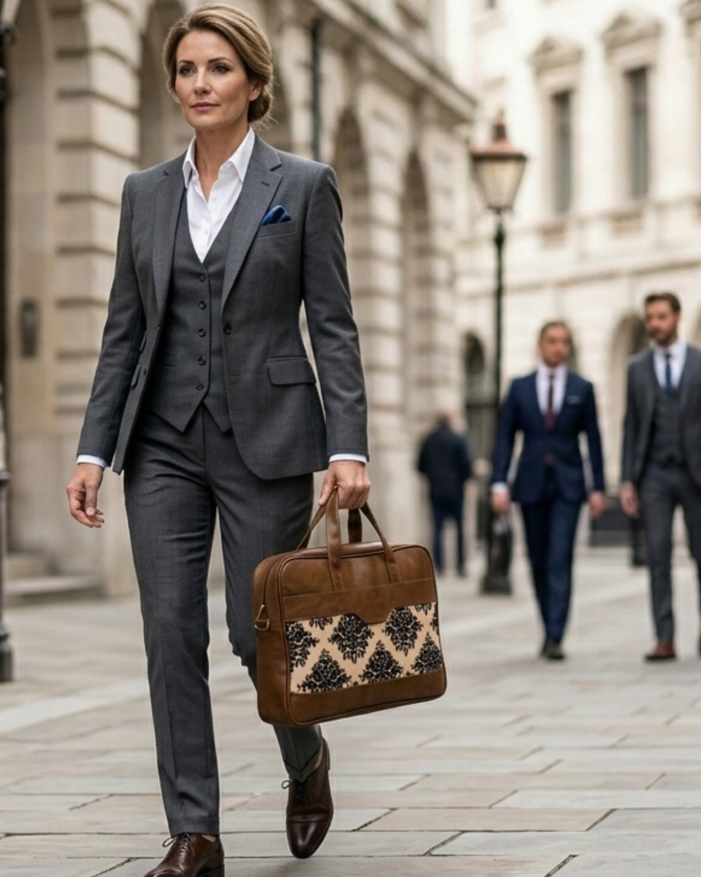 Woman in a gray suit walking down a city street with a brown leather briefcase.