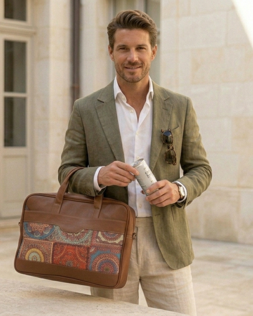 Man holding a brown leather bag with a patterned design, standing outdoors.