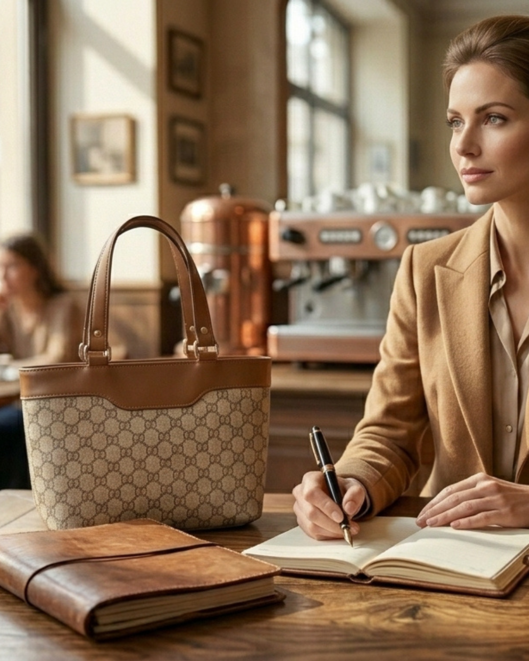 Woman sitting at a table in a cafe with a handbag and notebook.
