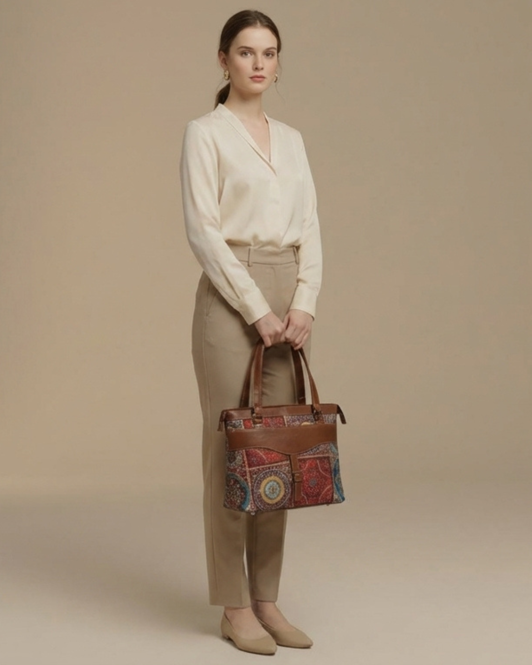 Woman holding a patterned handbag against a beige background