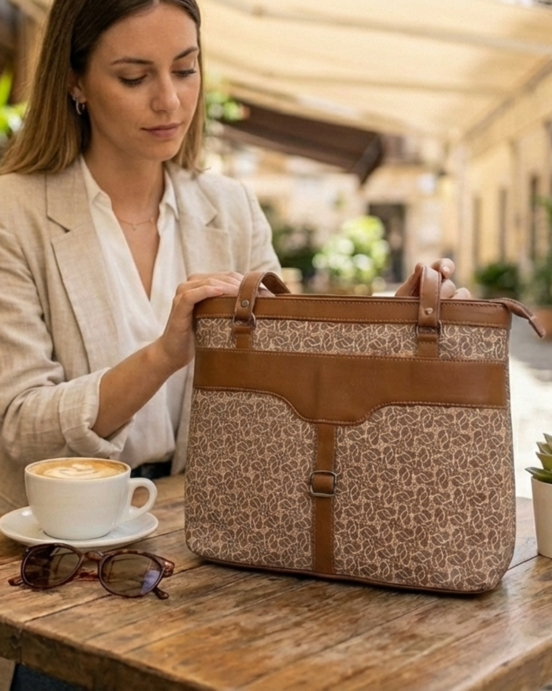 Woman holding a patterned handbag with a cup of coffee and sunglasses on a table.