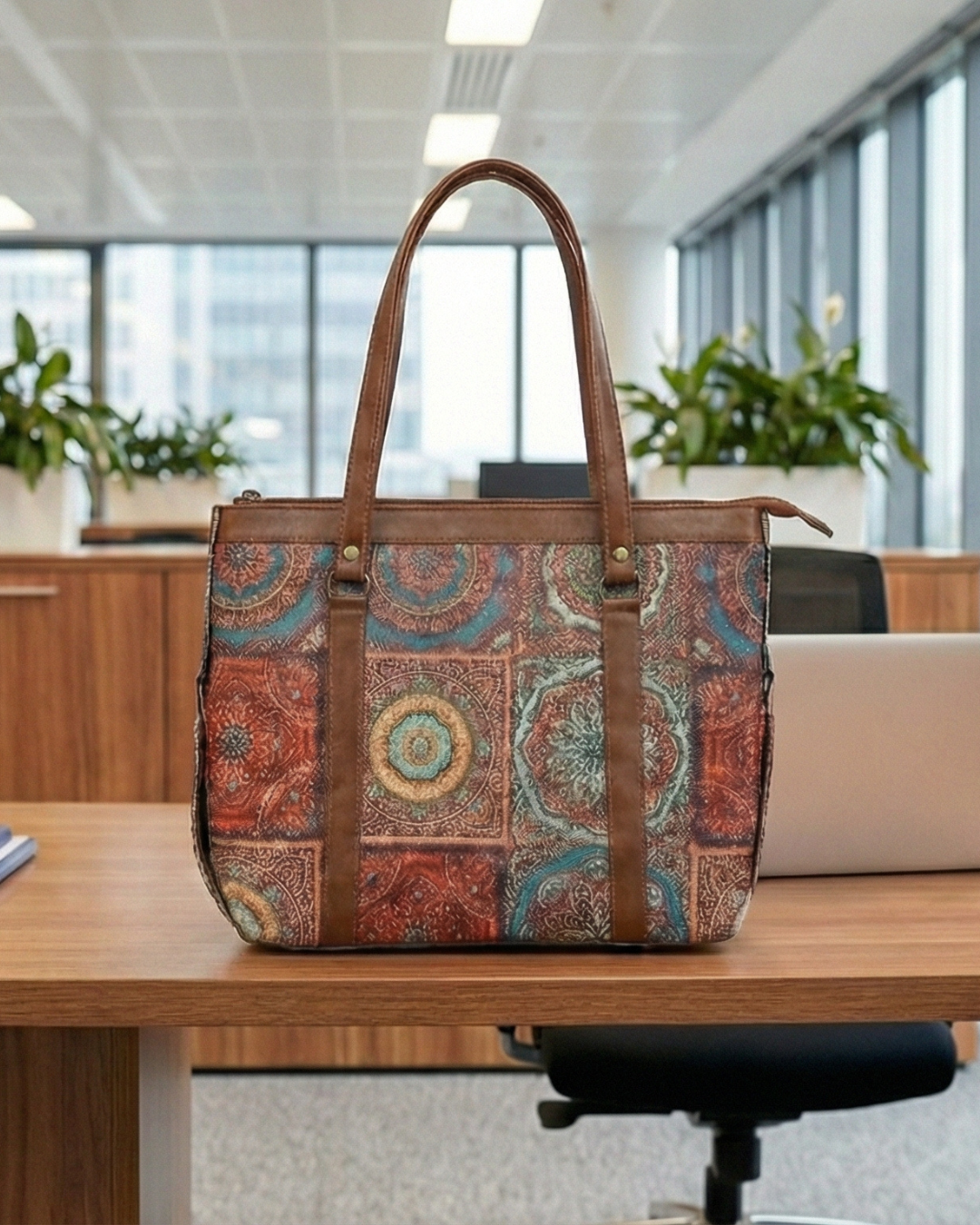 Patterned handbag on a desk in an office setting