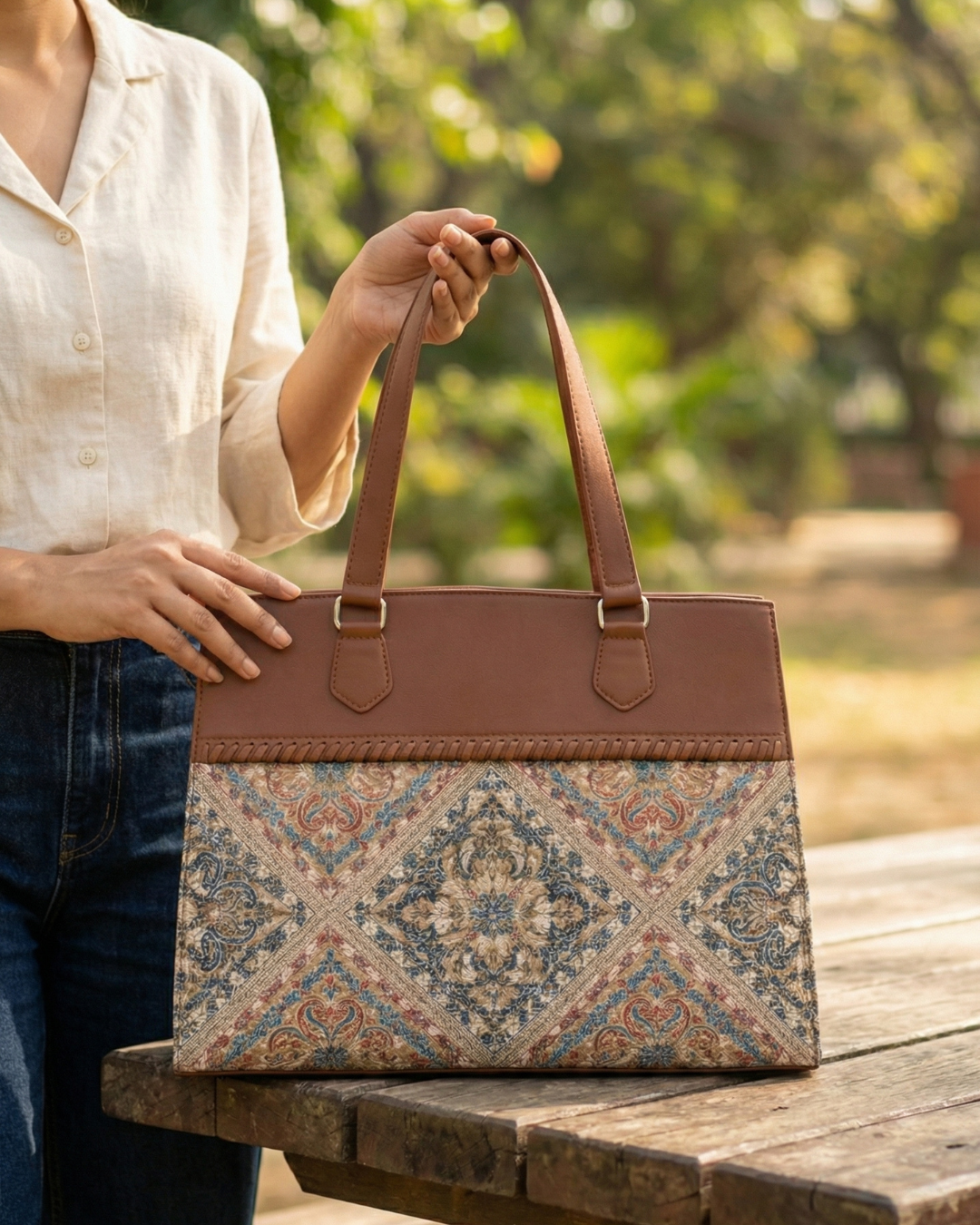 Person holding a patterned handbag with brown leather straps outdoors.