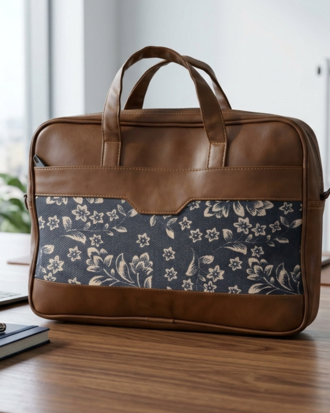 Brown leather briefcase with floral pattern on a wooden surface