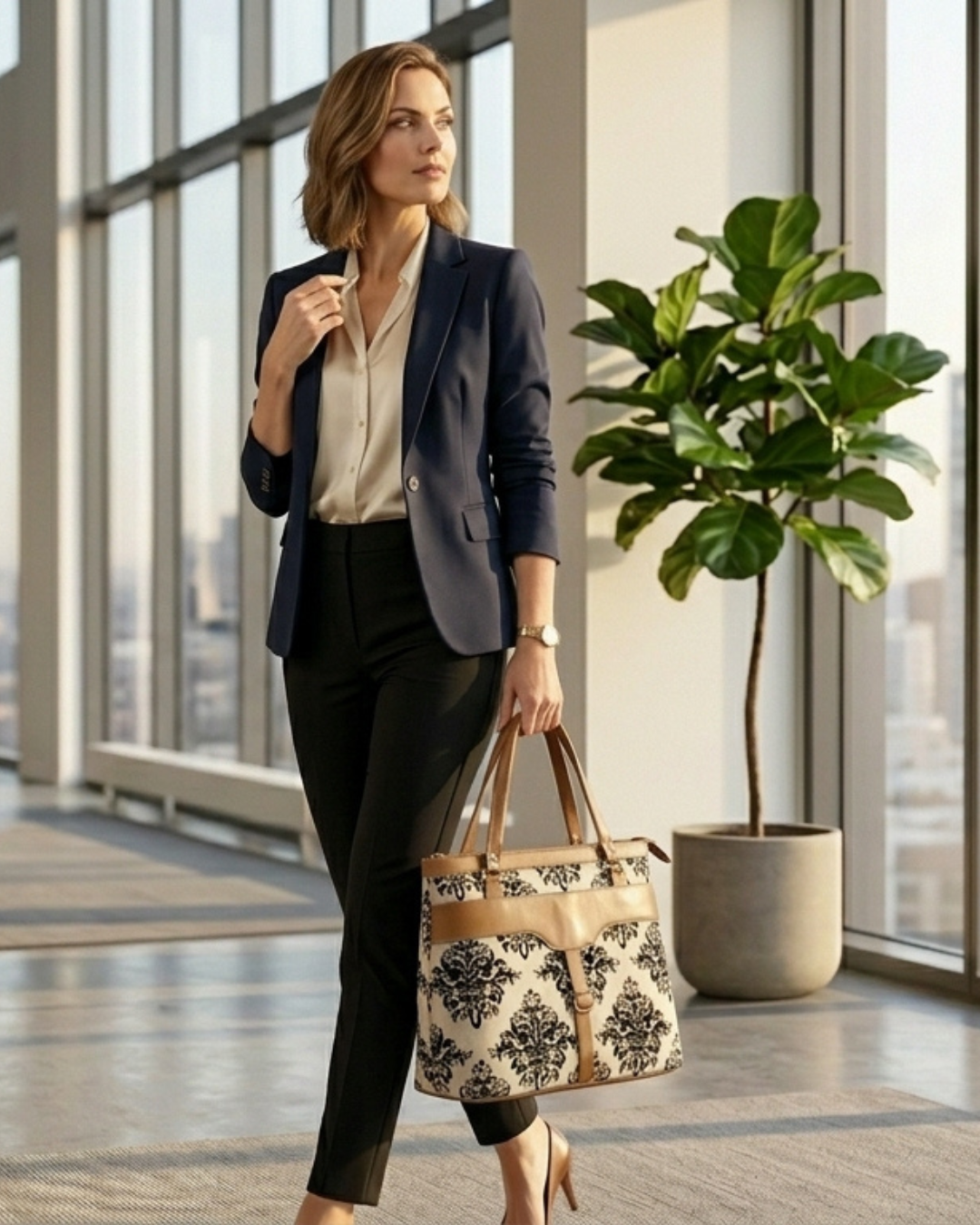 Woman in professional attire holding a patterned handbag in an office setting