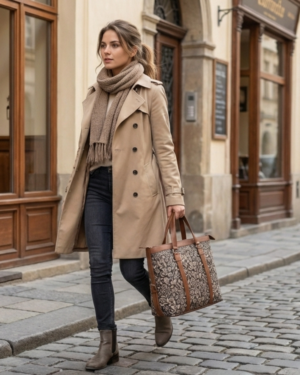 Woman in a beige coat and scarf walking on a street, holding a patterned bag.