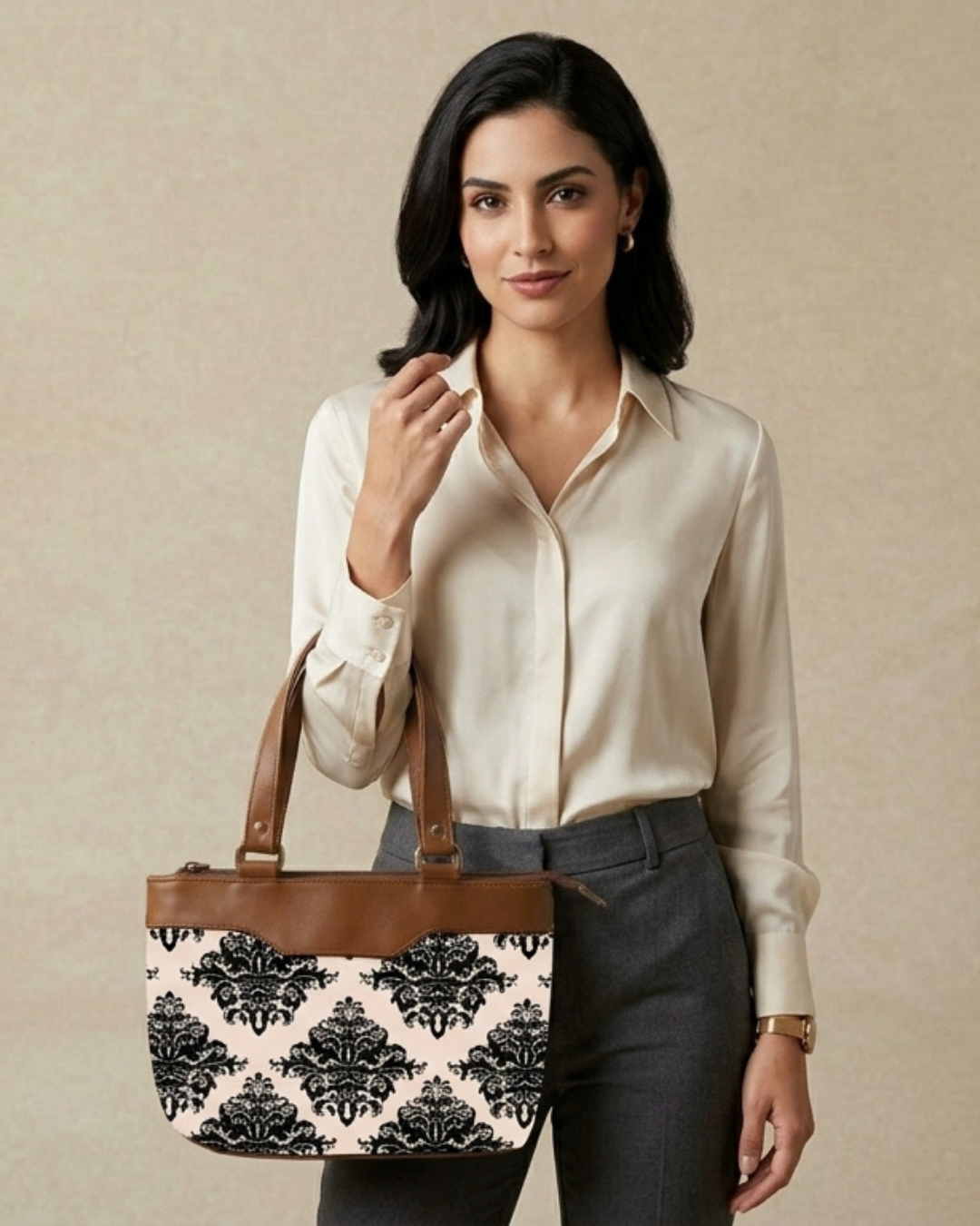 Woman holding a tote bag with a black and white pattern against a beige background
