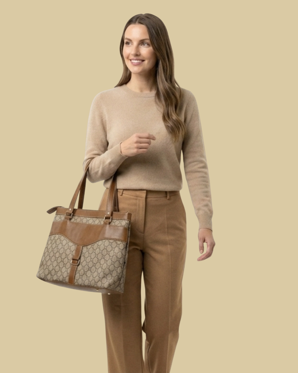 Woman holding a beige and brown handbag against a beige background