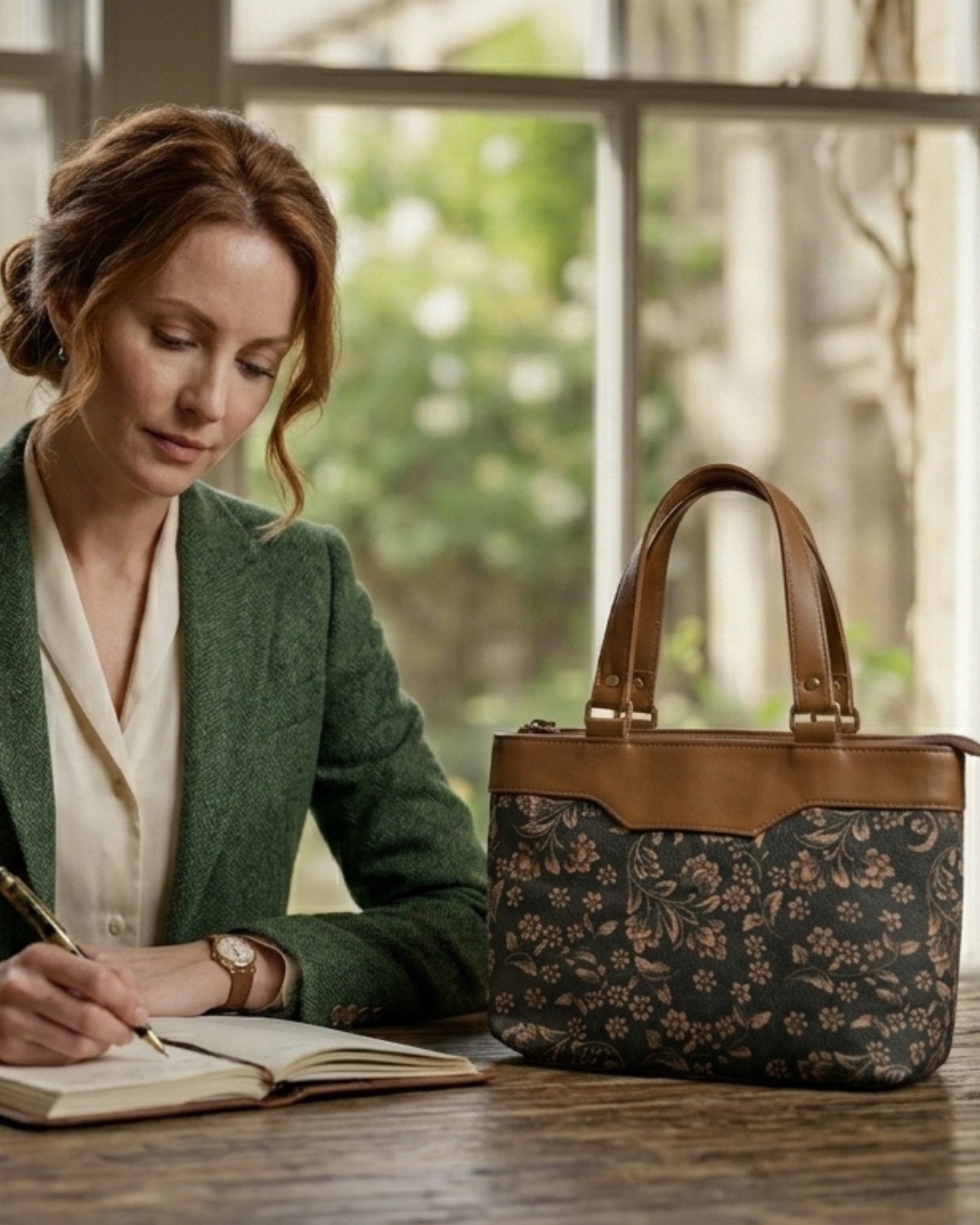 Woman in green jacket writing in a notebook with a floral-patterned handbag beside her.