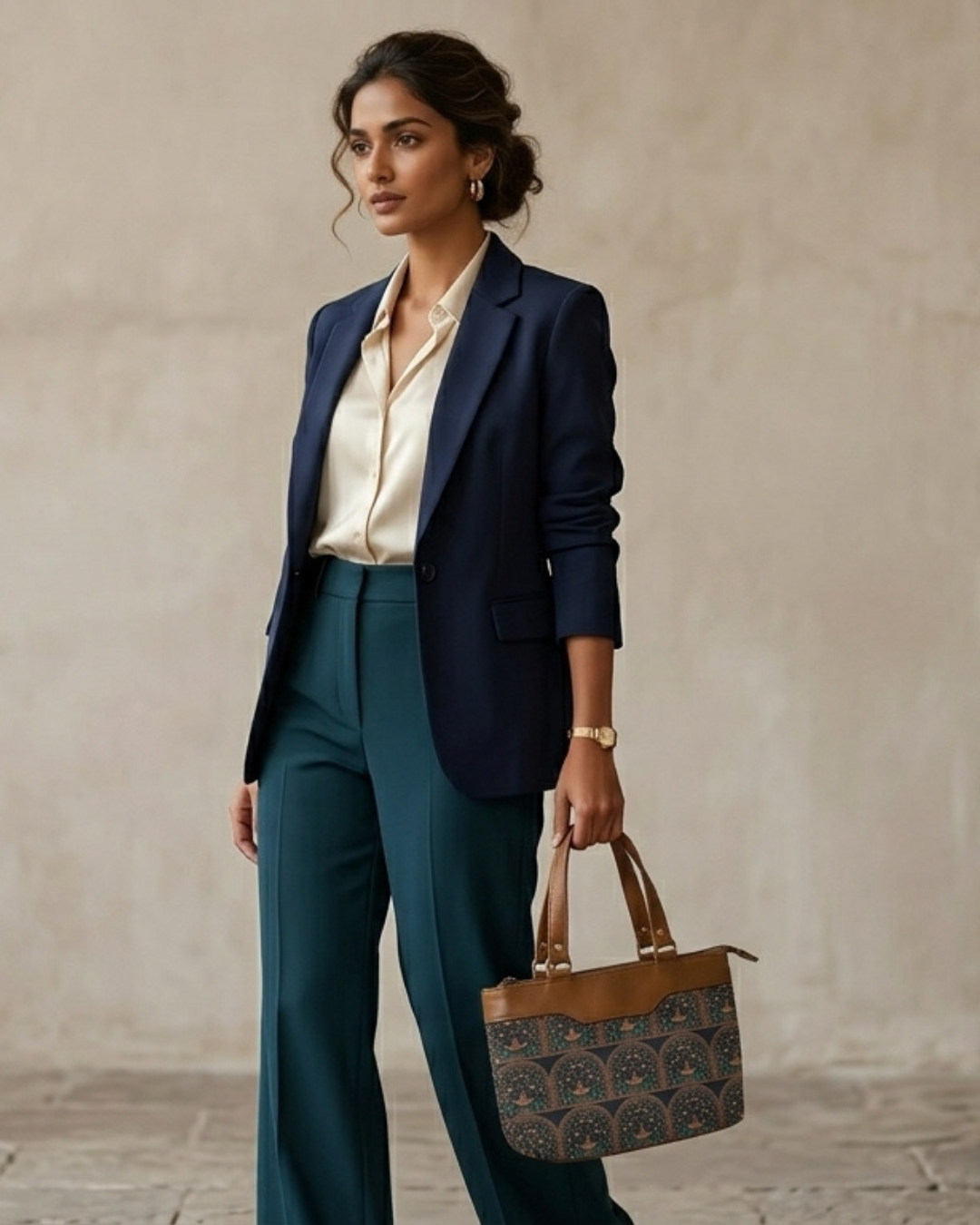 Woman in professional attire holding a handbag against a neutral background