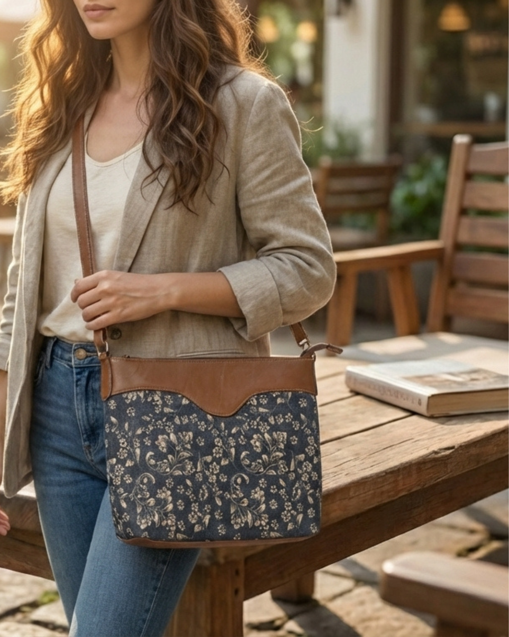 Woman holding a floral-patterned bag outdoors near a wooden table.