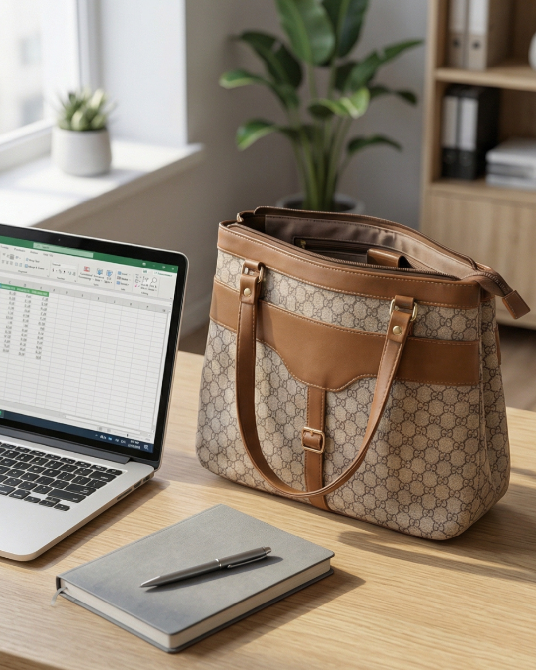 Laptop, notebook, pen, and patterned handbag on a desk with a plant and bookshelf in the background.
