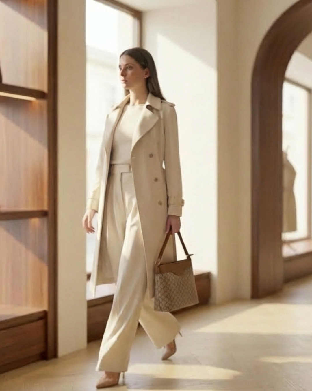 Woman in a beige trench coat walking through a sunlit hallway