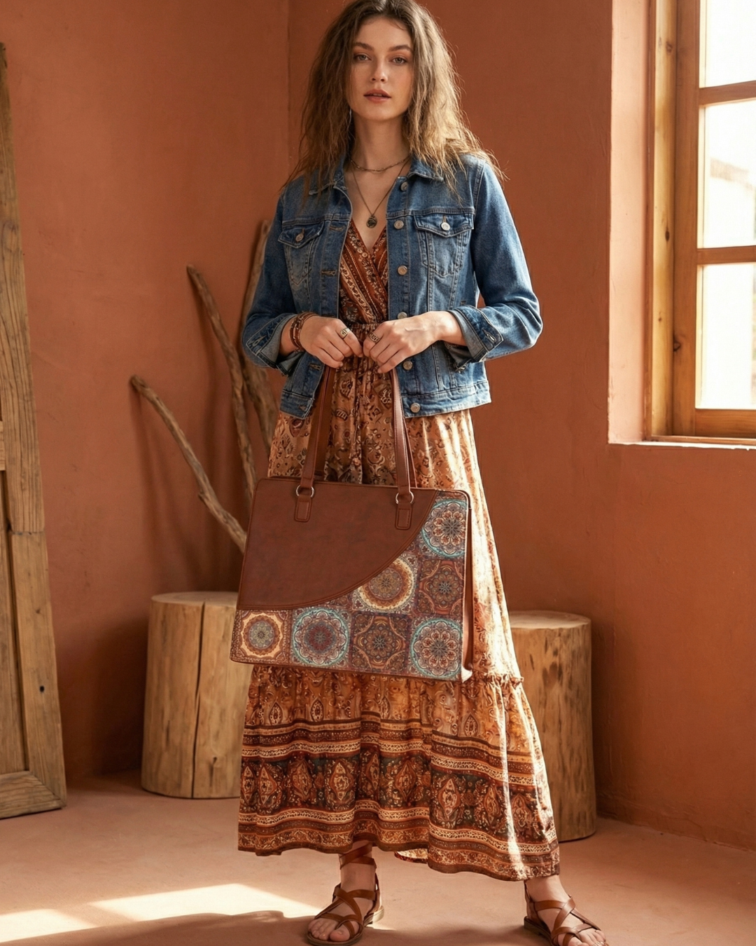 Woman holding a patterned bag in a warm-toned room