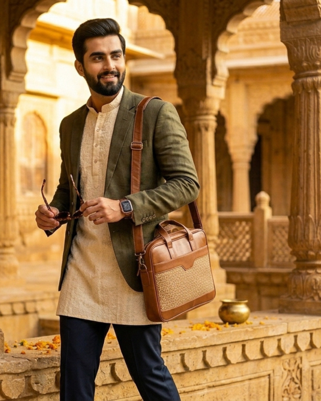 Man holding a brown leather bag in an ornate architectural setting