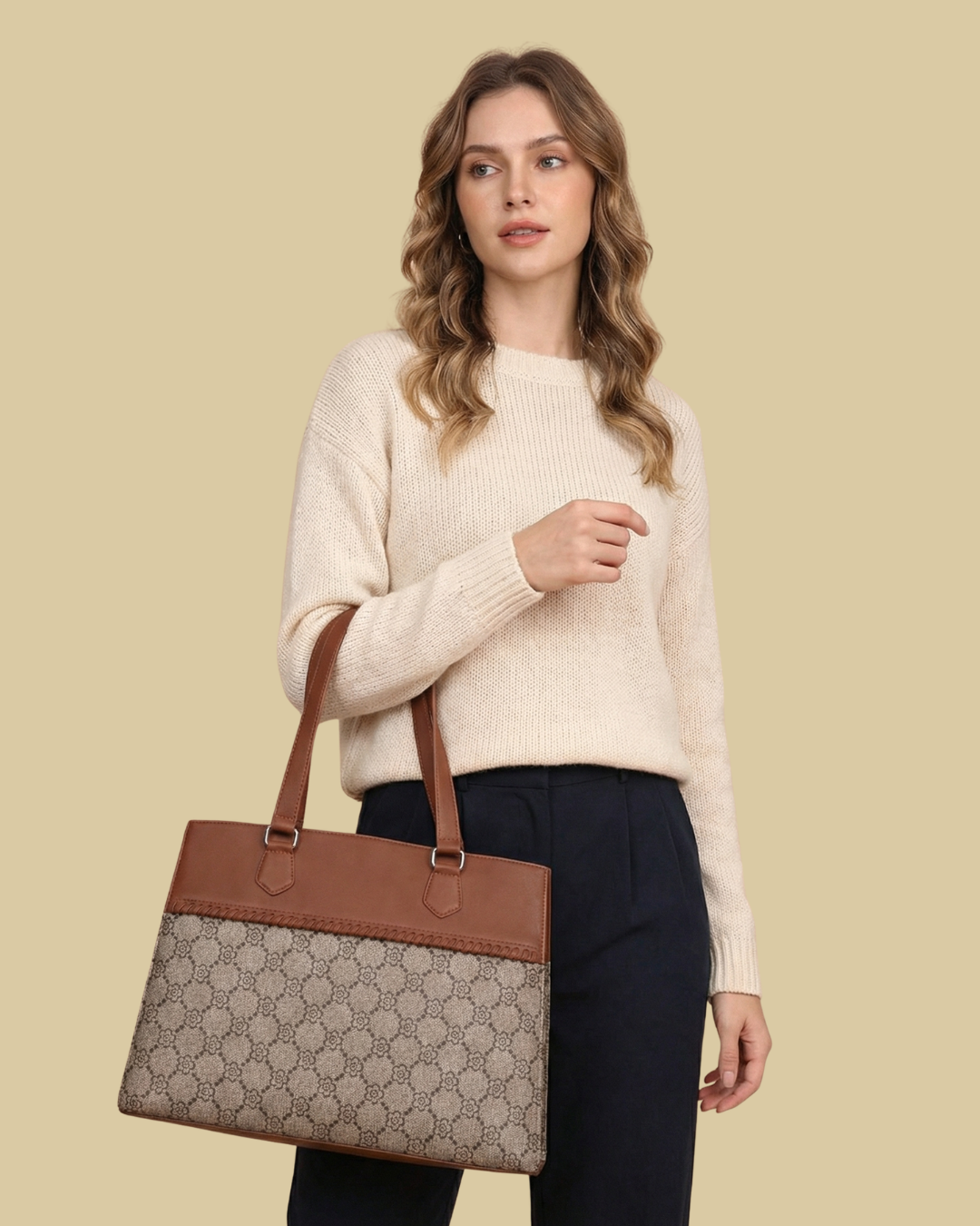 Woman holding a brown and beige handbag against a beige background