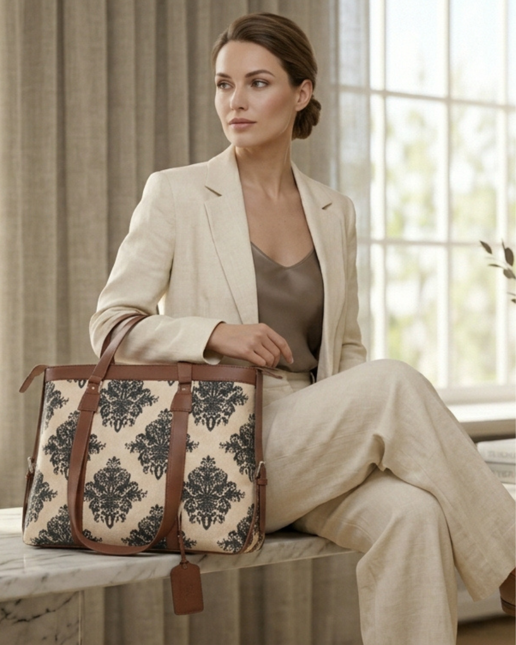 Woman in a beige suit holding a patterned handbag in a room with curtains and a window.