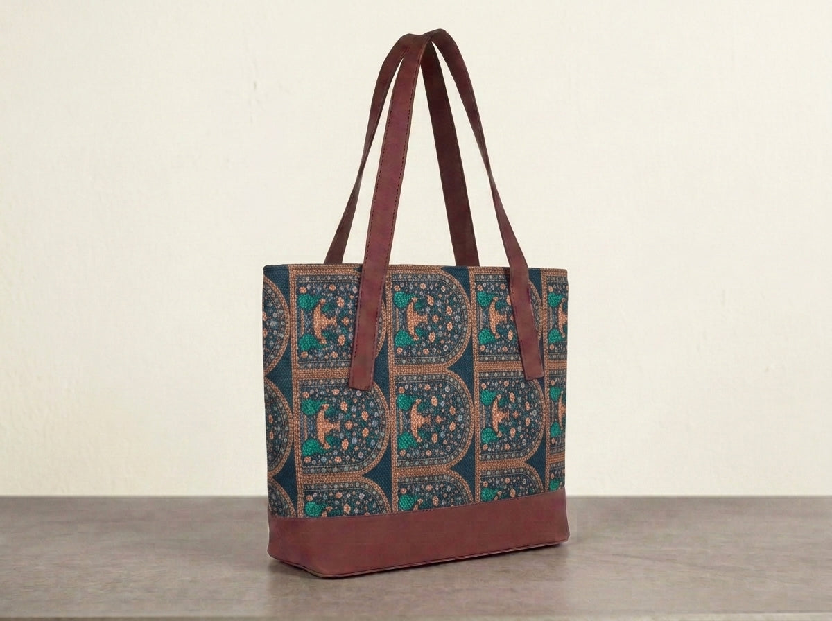 HandyJute Women's Printed Jute Office Tote Bag with Brown Handles