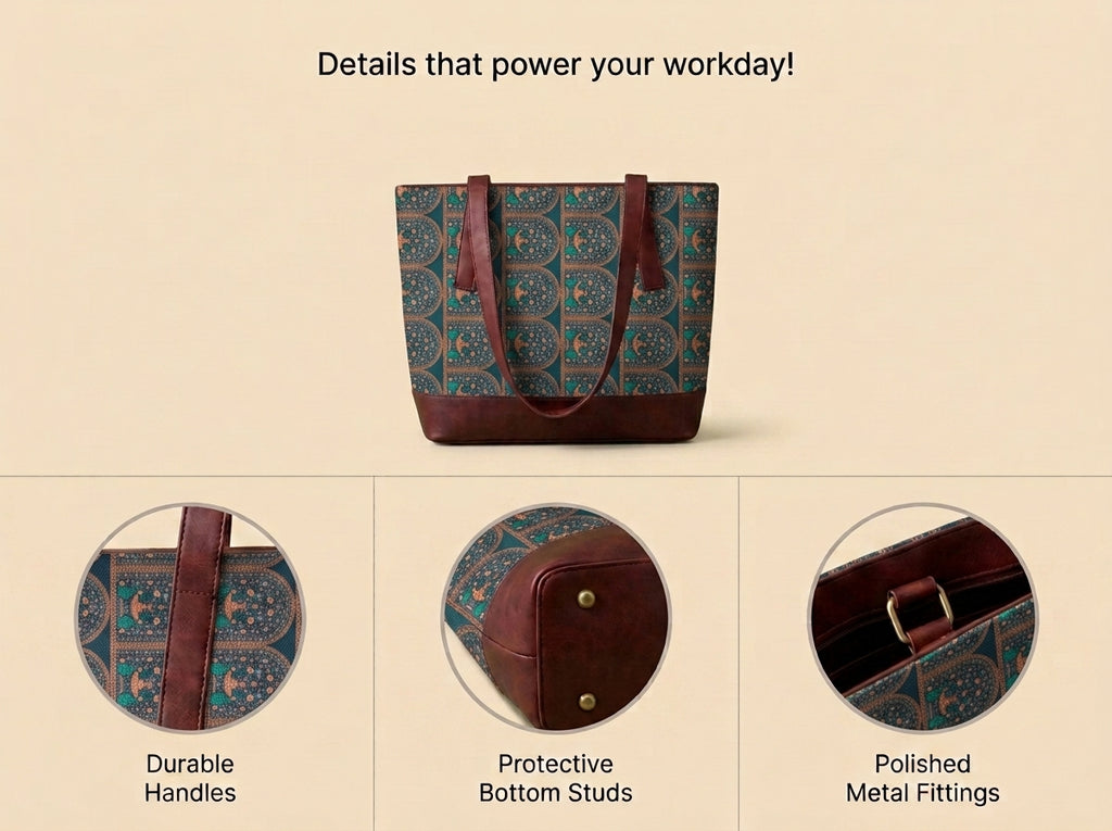 HandyJute Women's Printed Jute Office Tote Bag with Brown Handles