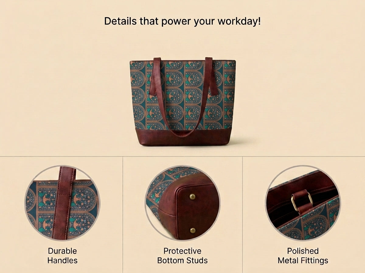 HandyJute Women's Printed Jute Office Tote Bag with Brown Handles