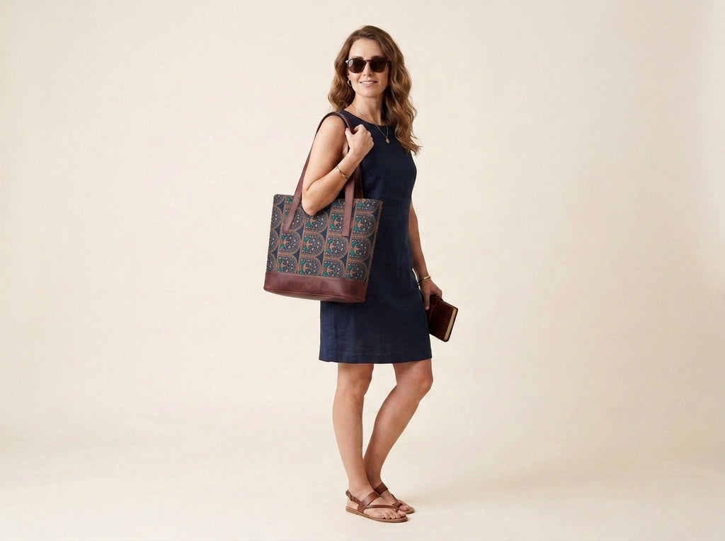 HandyJute Women's Printed Jute Office Tote Bag with Brown Handles