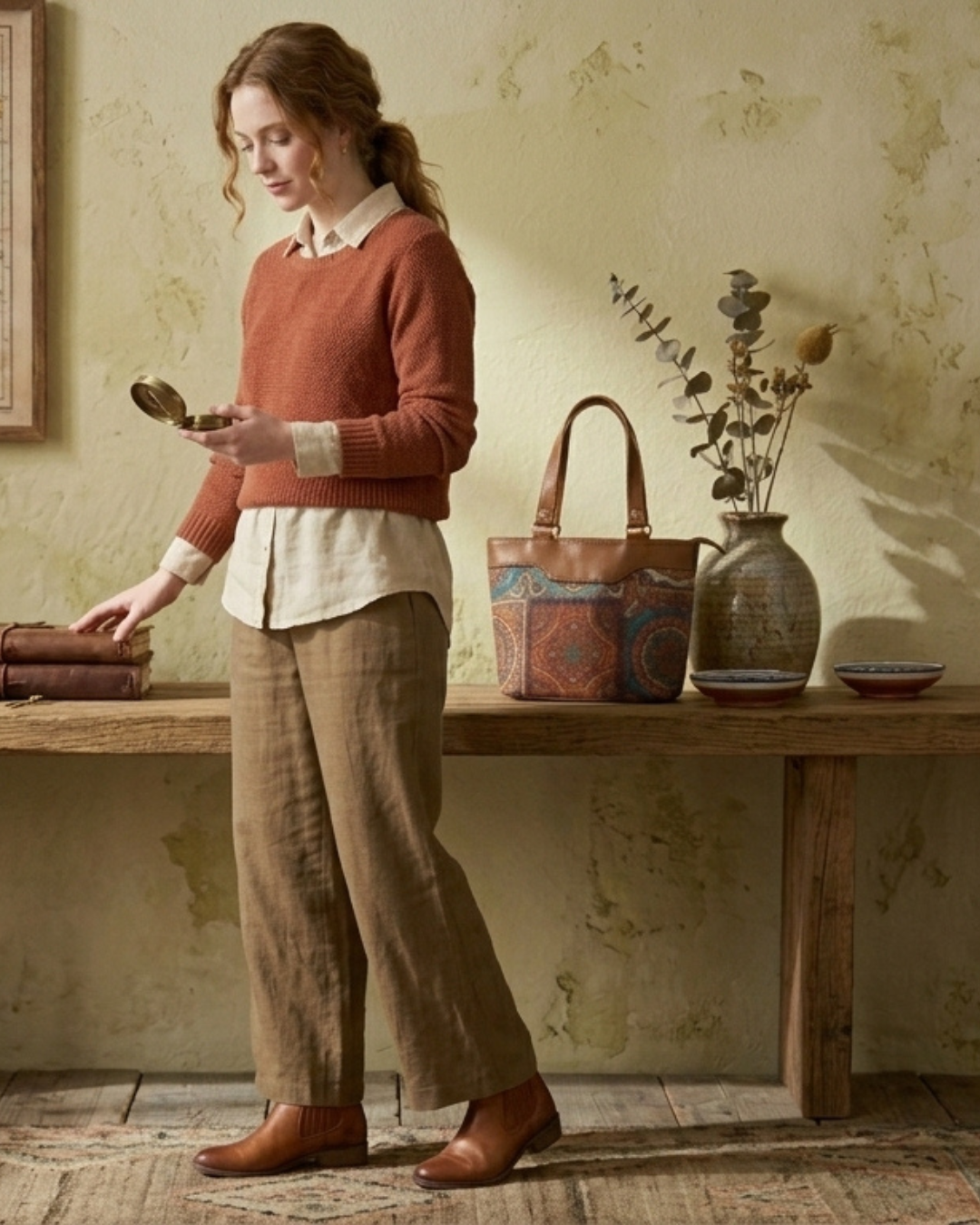 Woman in a warm-toned outfit standing by a wooden table with decorative items.