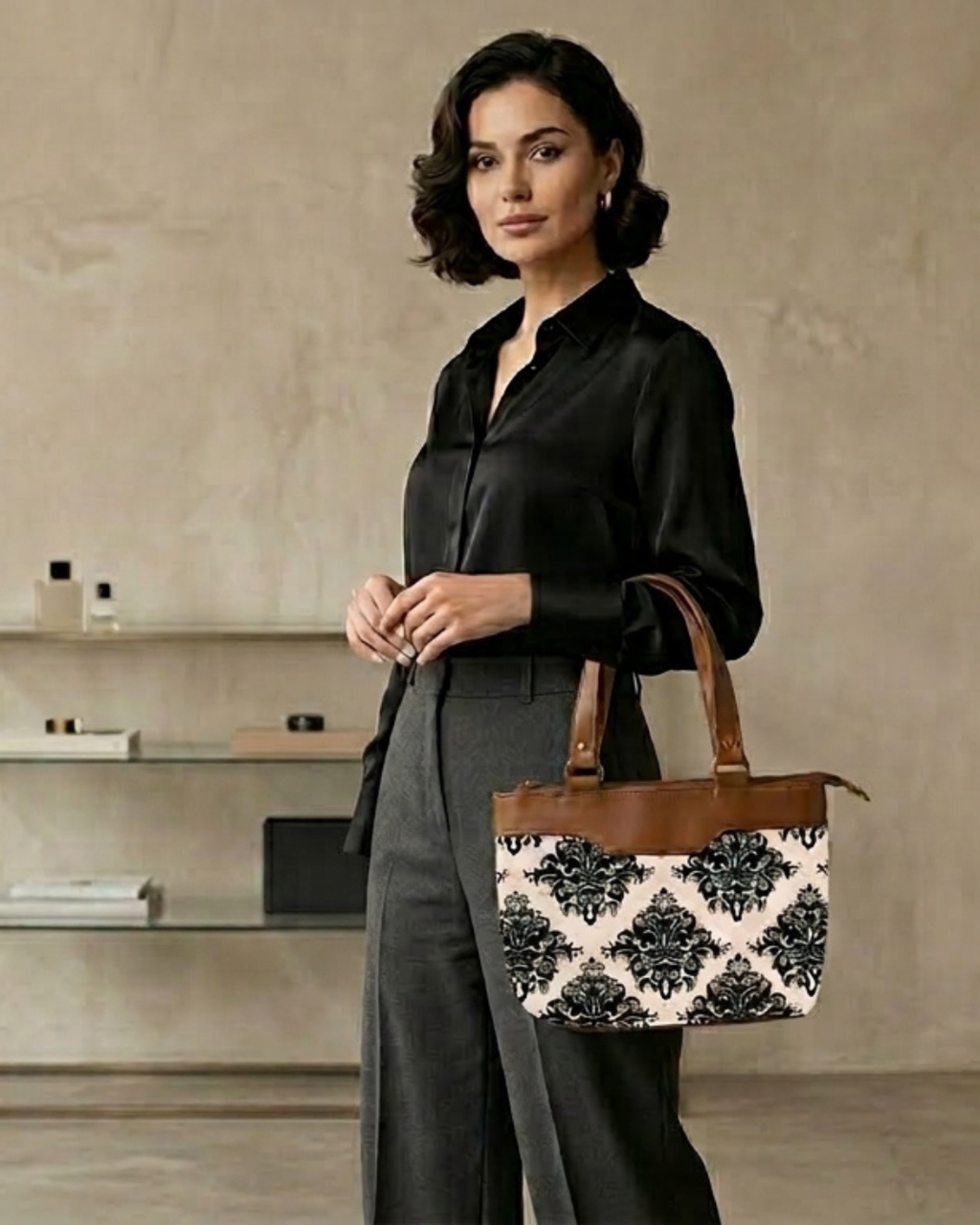 Woman holding a handbag with a decorative pattern in an indoor setting