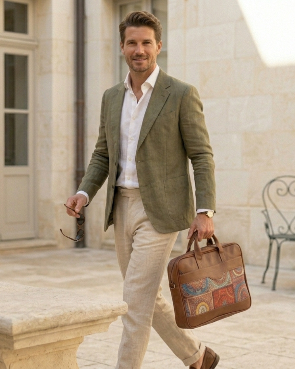 Man in a green blazer and beige pants holding a brown leather briefcase in an outdoor setting.