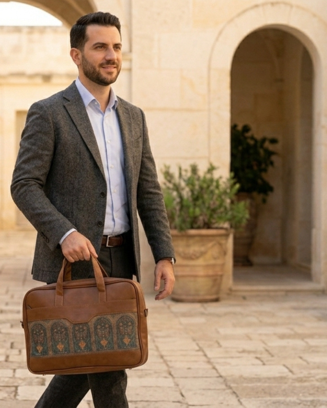 Man in a suit holding a brown leather briefcase with intricate patterns in an outdoor setting.