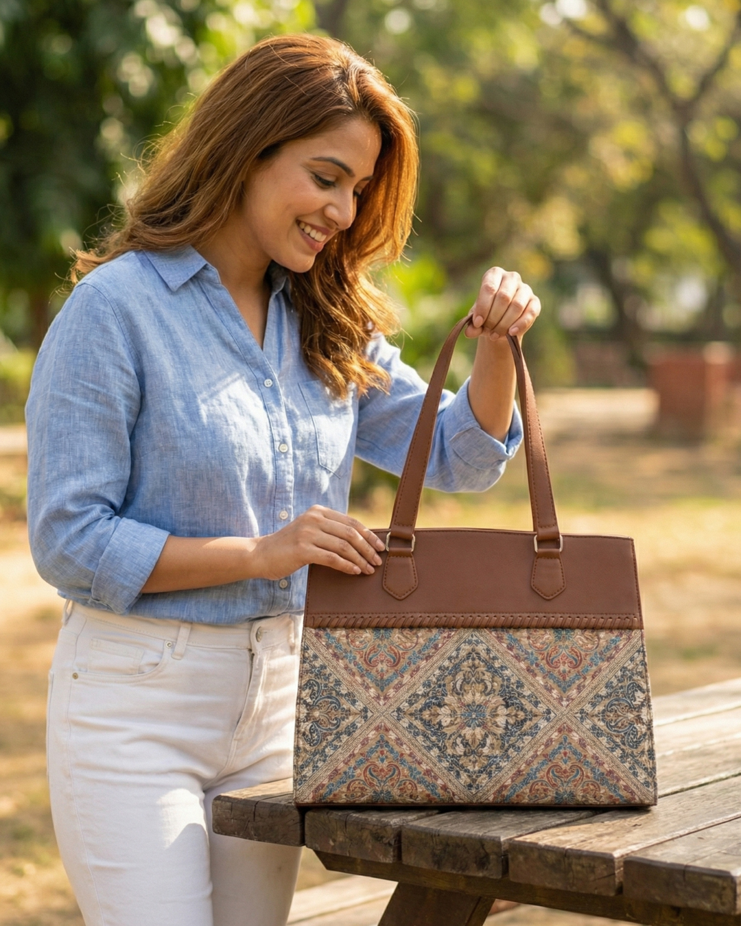 Woman holding a patterned handbag outdoors