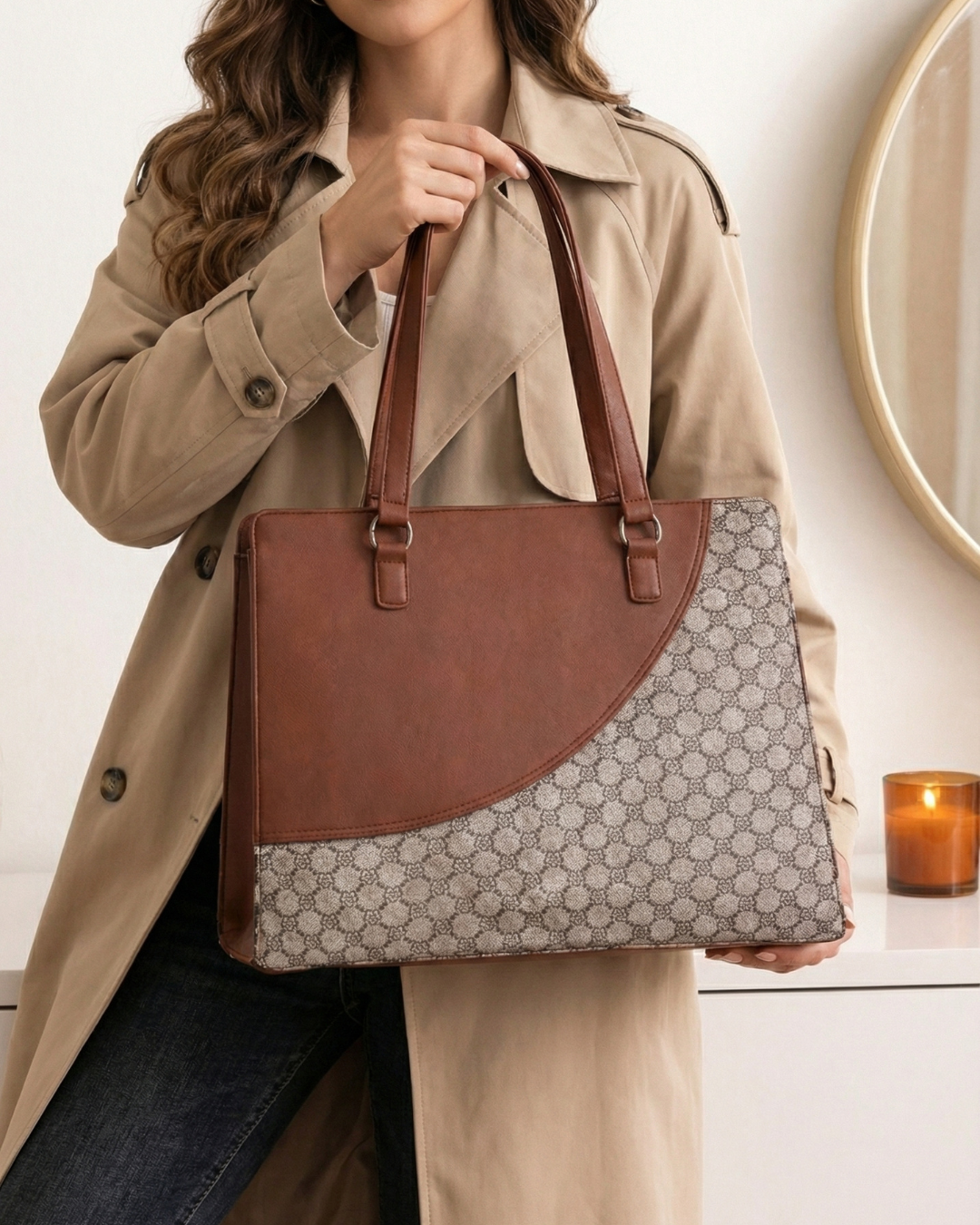 Person holding a brown and beige handbag with a patterned design.