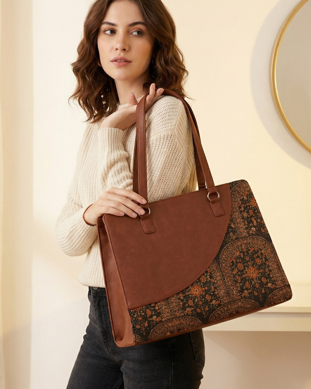 Woman holding a brown tote bag with floral pattern