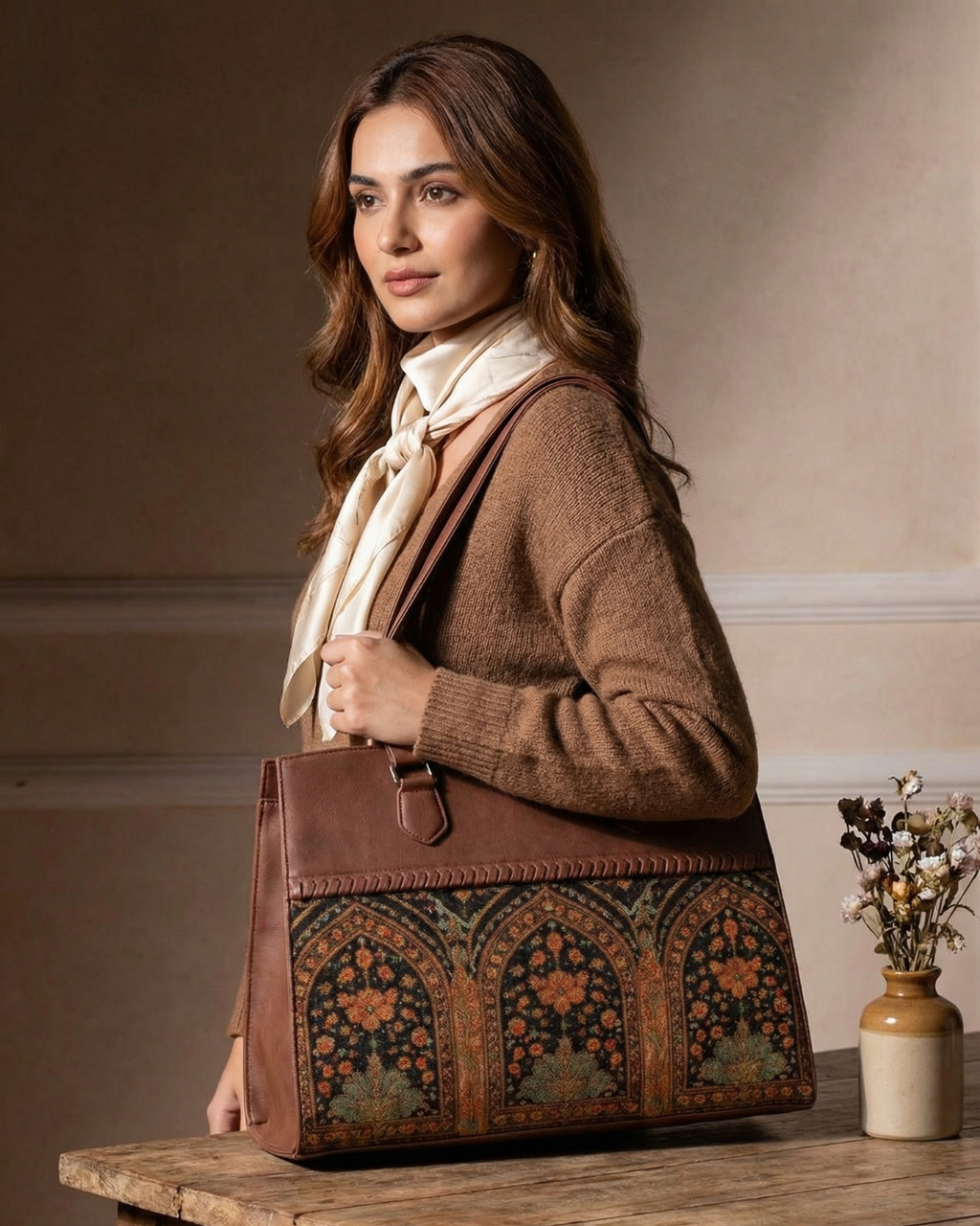 Woman holding a patterned brown handbag in a warm-toned room.